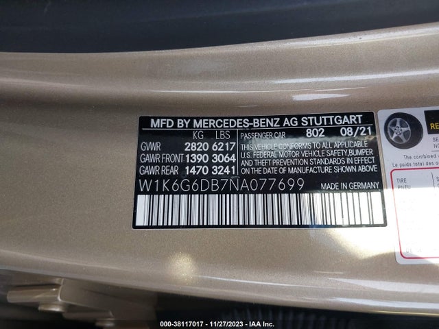 2022 MERCEDES-BENZ S 500 4MATIC VIN: W1K6G6DB7NA077699