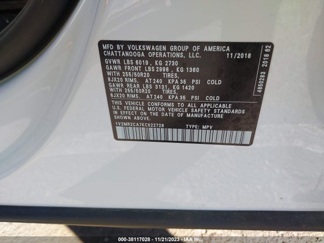 1V2MR2CA7KC522728 Volkswagen Atlas 3.6l V6 Sel