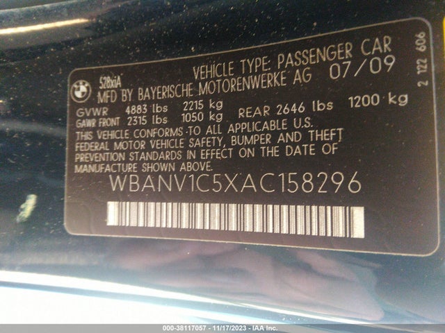 Продажа на аукционе авто 2010 Bmw 528i Xdrive, vin: WBANV1C5XAC158296, номер лота: 38117057