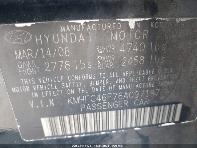 2006 HYUNDAI AZERA LIMITED/SE VIN: KMHFC46F76A097197