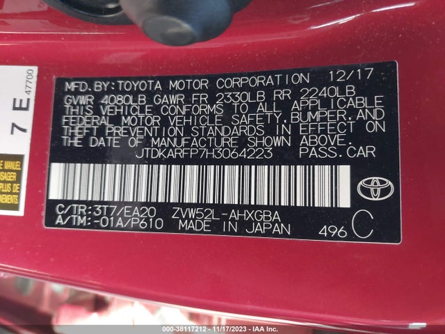 2017 Toyota Prius Prime Premium მანქანა იყიდება აუქციონზე, vin: JTDKARFP7H3064223, აუქციონის ნომერი: 38117212