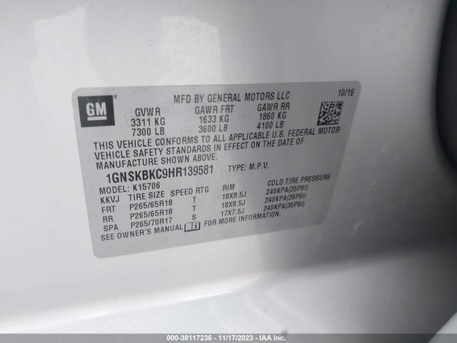 Chevrolet Tahoe Lt 2017 1GNSKBKC9HR139581 Image 9