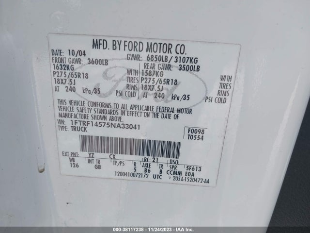 2005 FORD F-150 XL/XLT/FX4 VIN: 1FTRF14575NA33041