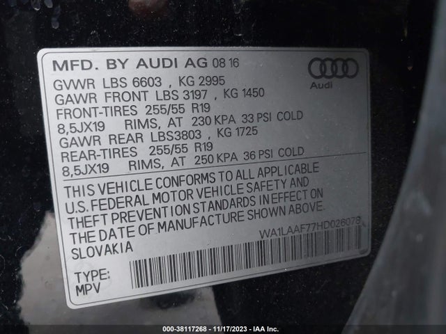 2017 AUDI Q7 3.0T PREMIUM VIN: WA1LAAF77HD026078