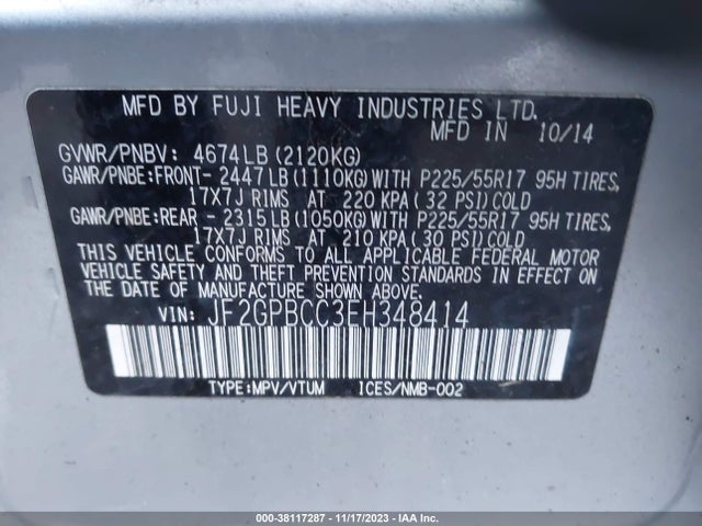 2014 SUBARU XV CROSSTREK HYBRID 2.0I HYBRID VIN: JF2GPBCC3EH348414