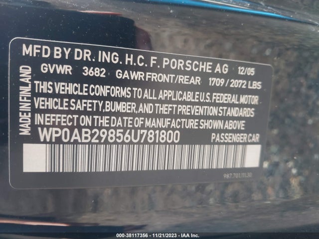 2006 PORSCHE CAYMAN S WP0AB29856U781800 Photo 8