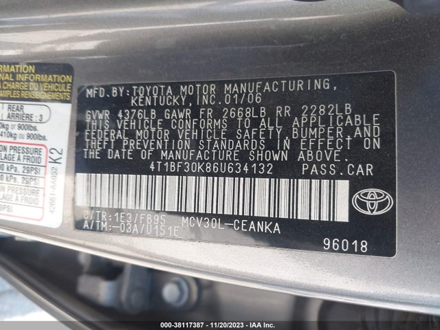 2006 TOYOTA CAMRY LE V6 VIN: 4T1BF30K86U634132