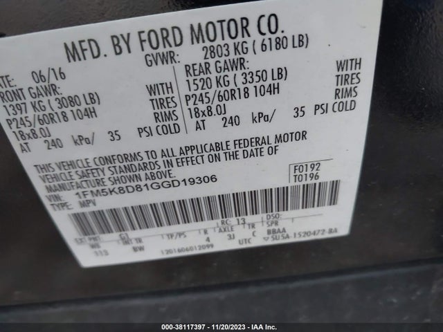 Ford EXPLORER XLT 2016 1FM5K8D81GGD19306 Image 9