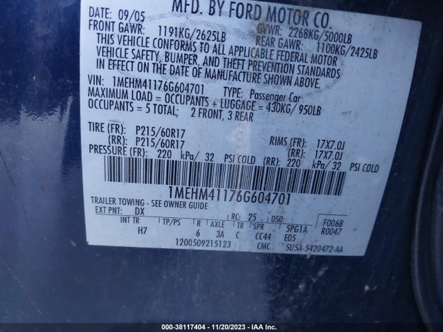 2006 MERCURY MONTEGO LUXURY VIN: 1MEHM41176G604701