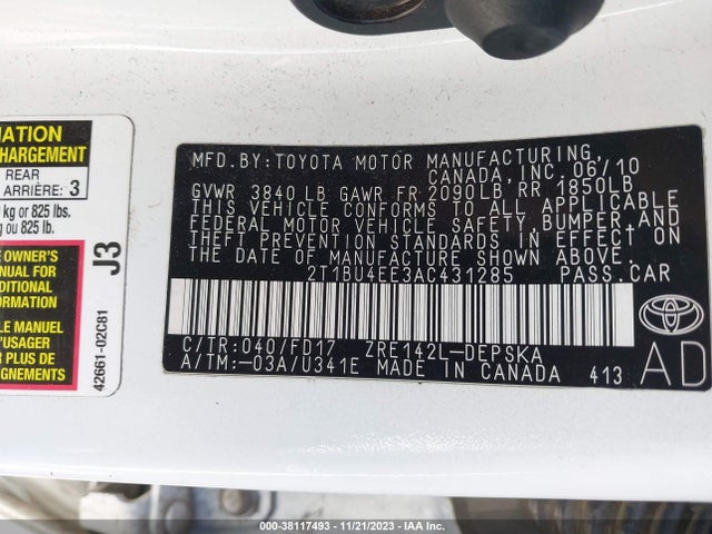 2010 TOYOTA COROLLA VIN: 2T1BU4EE3AC431285