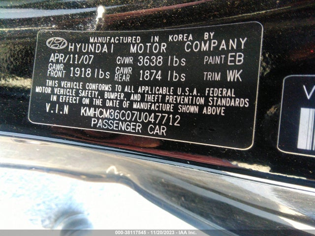 2007 HYUNDAI ACCENT GS VIN: KMHCM36C07U047712