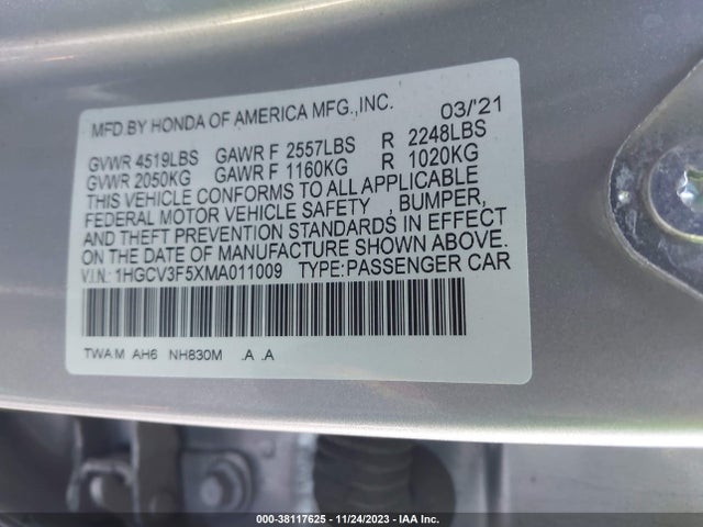 2021 HONDA ACCORD HYBRID EX-L VIN: 1HGCV3F5XMA011009