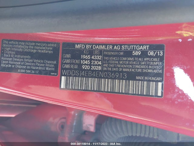 2014 MERCEDES-BENZ CLA 250 VIN: WDDSJ4EB4EN036913