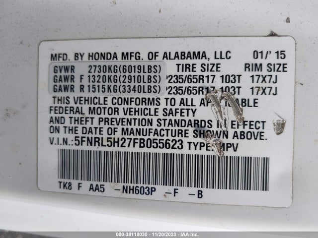 Honda ODYSSEY LX 2015 5FNRL5H27FB055623 Image 9