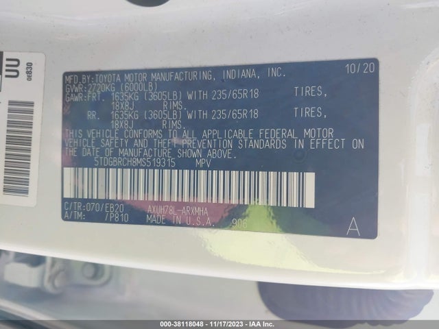 Toyota Highlander Hybrid Xle 2021 5TDGBRCH8MS519315 Image 9