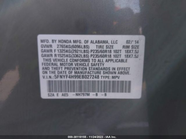 5FNYF4H99EB027248 Honda Pilot Touring