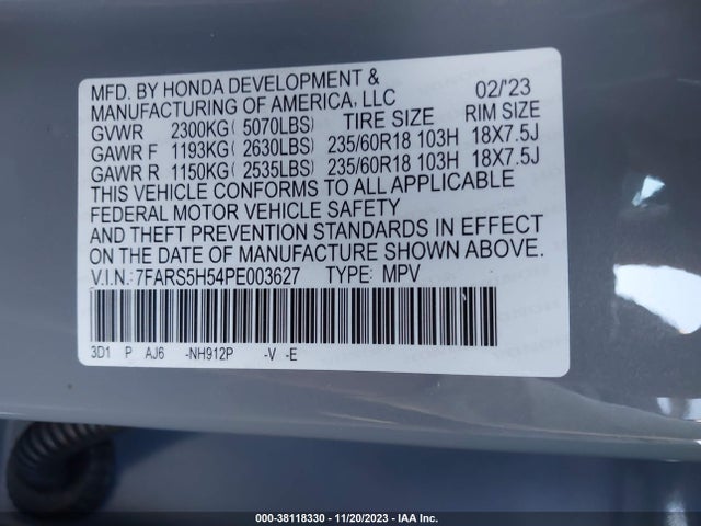2023 HONDA CR-V HYBRID SPORT VIN: 7FARS5H54PE003627