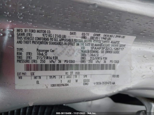 2012 FORD FOCUS SE VIN: 1FAHP3F22CL126717