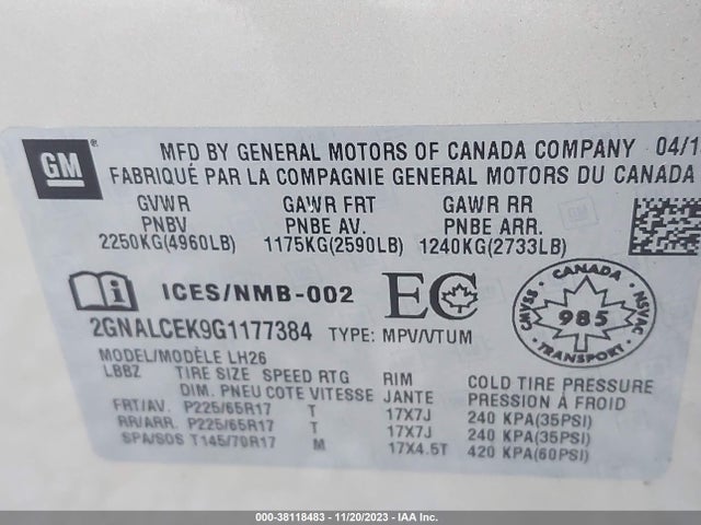 Chevrolet EQUINOX LT 2016 2GNALCEK9G1177384 Image 9