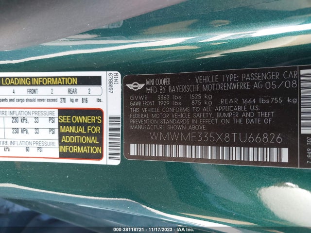 2008 MINI COOPER WMWMF335X8TU66826 Photo 8