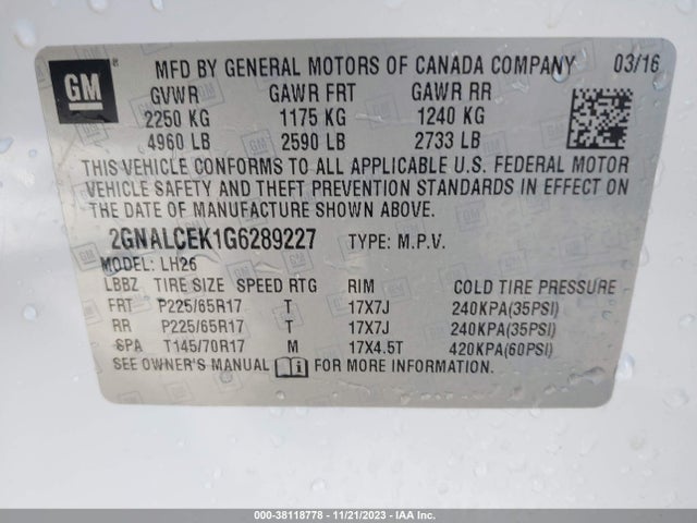 Chevrolet EQUINOX LT 2016 2GNALCEK1G6289227 Image 9