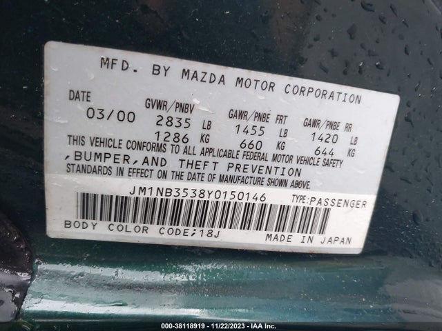 2000 MAZDA MX-5 MIATA LS/SPECIAL EDITION VIN: JM1NB3538Y0150146