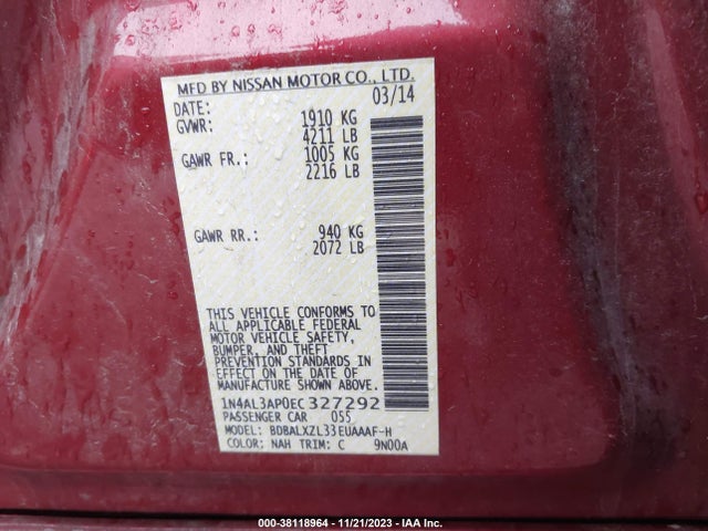Nissan Altima 2.5 Sl 2014 1N4AL3AP0EC327292 Image 9