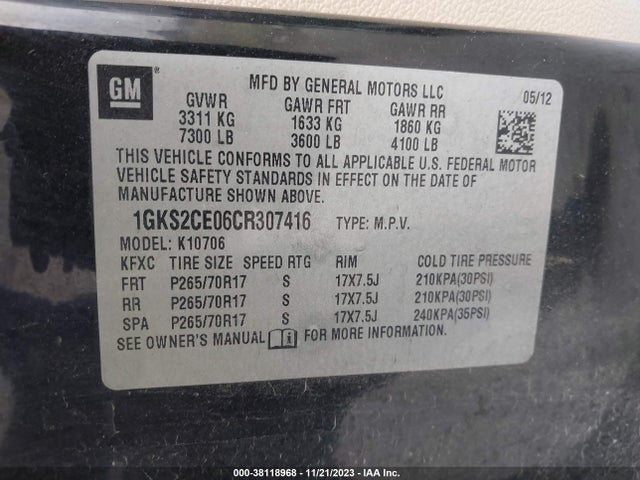 2012 GMC YUKON SLT VIN: 1GKS2CE06CR307416