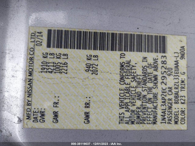 Nissan Altima 2.5 S 2014 1N4AL3AP2EC295283 Image 9