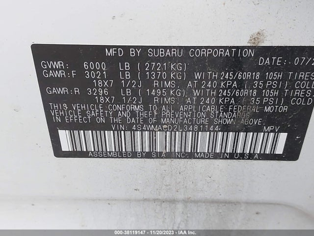2020 SUBARU ASCENT PREMIUM VIN: 4S4WMACD2L3481144