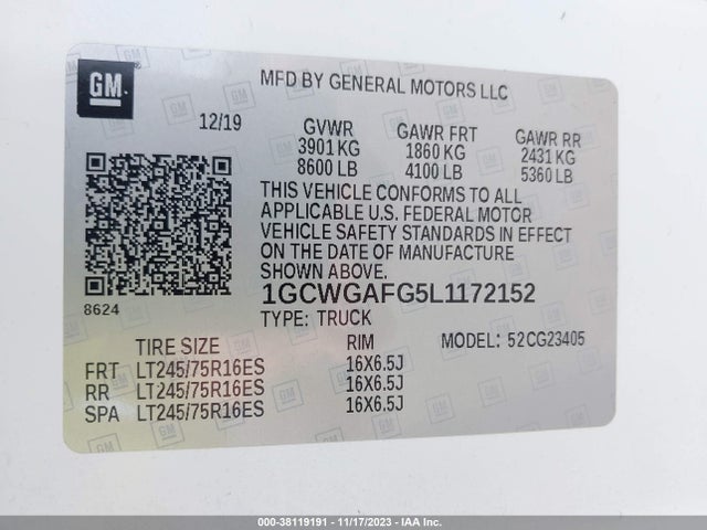 Chevrolet Express Cargo Rwd 2500 Regular 2020 1GCWGAFG5L1172152 Image 9