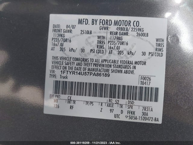 2007 FORD RANGER SPORT/STX/XL/XLT VIN: 1FTYR14U57PA86189