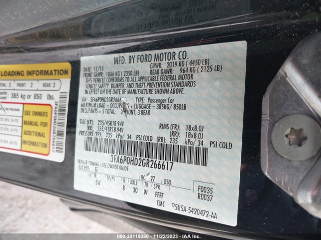 2016 FORD FUSION SE VIN: 3FA6P0HD2GR266617