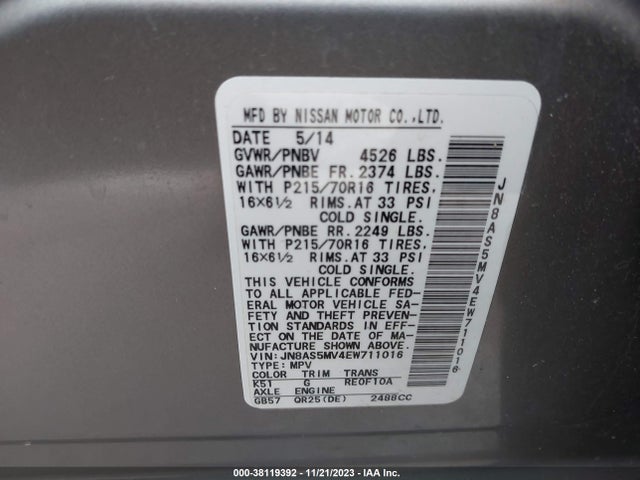 2014 NISSAN ROGUE SELECT S VIN: JN8AS5MV4EW711016