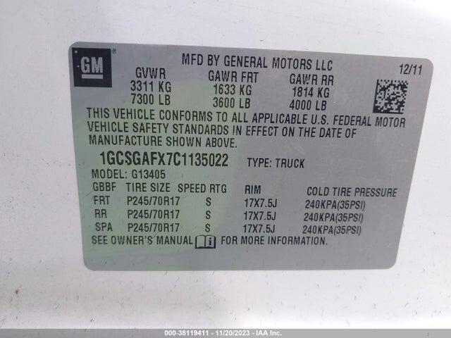 2012 CHEVROLET EXPRESS 1500 WORK VAN VIN: 1GCSGAFX7C1135022