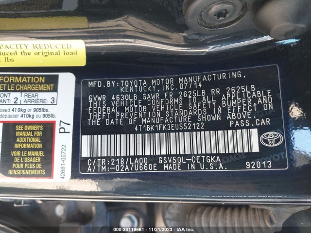 2014 TOYOTA CAMRY XLE V6 VIN: 4T1BK1FK3EU552122