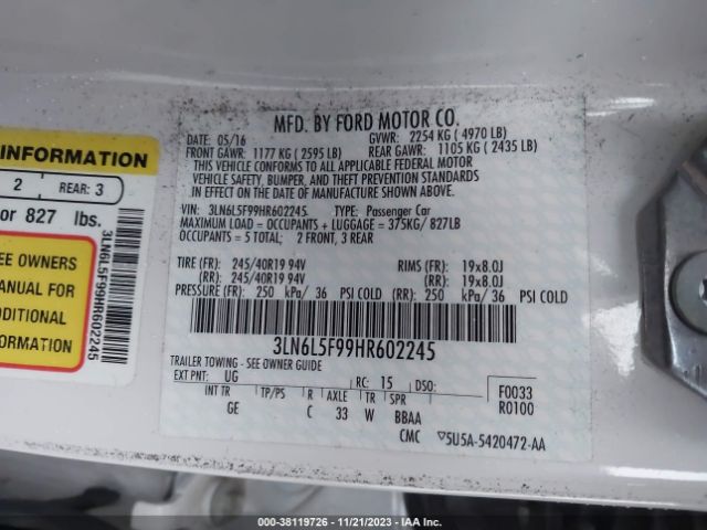 3LN6L5F99HR602245 Lincoln Mkz Reserve