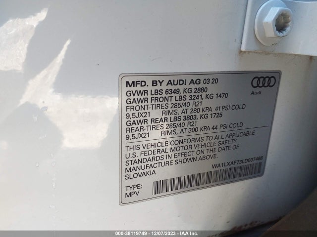 2020 AUDI Q7 PREMIUM PLUS 55 TFSI QUATTRO TIPTRONIC VIN: WA1LXAF73LD007468