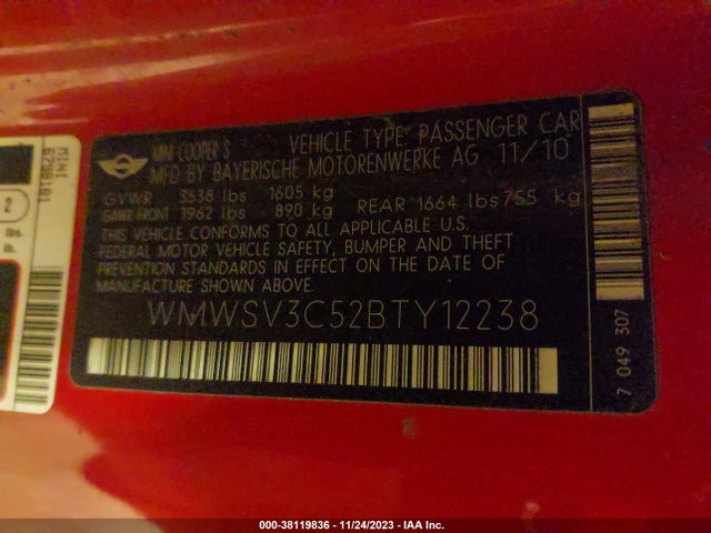 2011 MINI COOPER S WMWSV3C52BTY12238 Photo 8