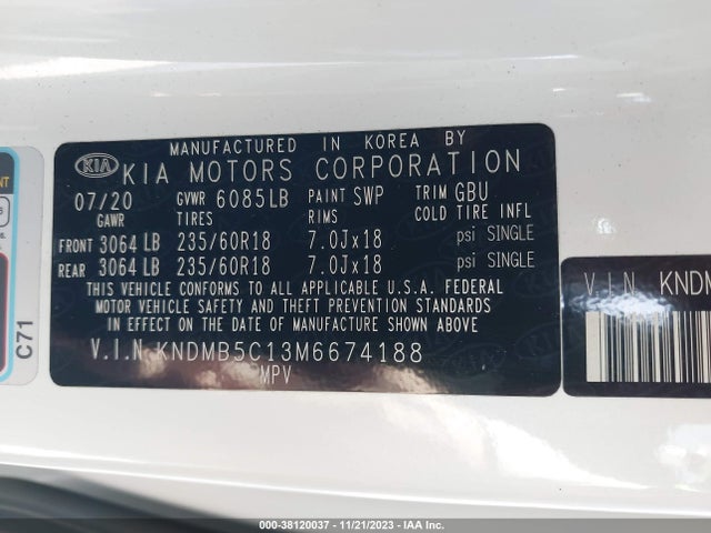 2021 KIA SEDONA EX VIN: KNDMB5C13M6674188