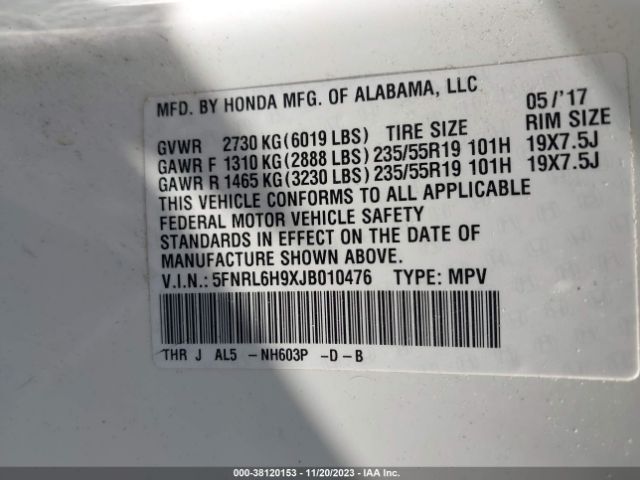 5FNRL6H9XJB010476 Honda Odyssey Elite
