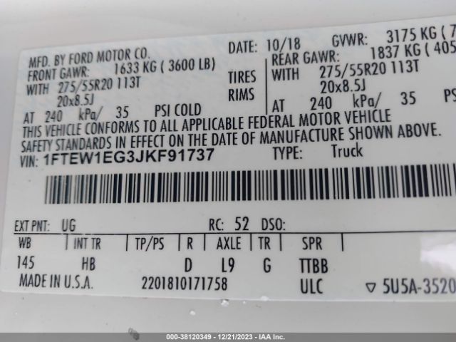 1FTEW1EG3JKF91737 Ford F-150 Lariat