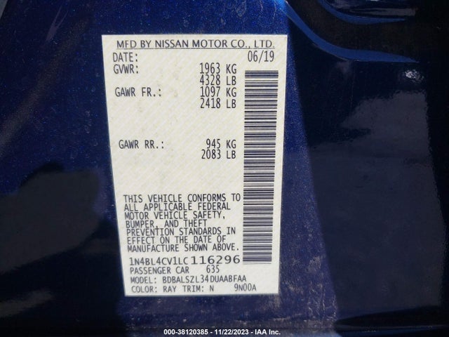 2020 NISSAN ALTIMA SR FWD VIN: 1N4BL4CV1LC116296