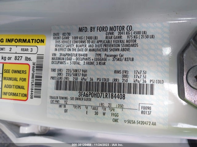 2020 FORD FUSION SE VIN: 3FA6P0HD7LR184408