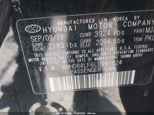 2020 HYUNDAI ELANTRA SEL VIN: KMHD84LF6LU997824