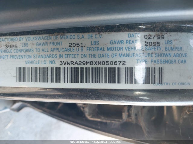 1999 VOLKSWAGEN JETTA GL VIN: 3VWRA29M8XM050672