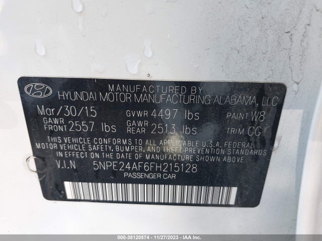 2015 HYUNDAI SONATA SE VIN: 5NPE24AF6FH215128