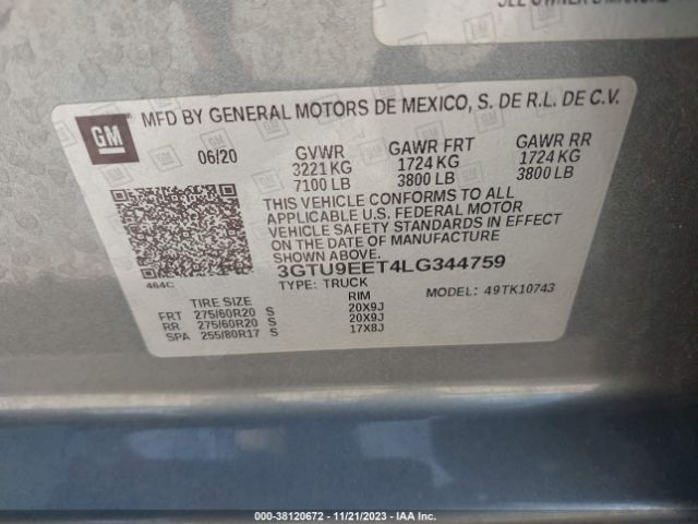 3GTU9EET4LG344759 GMC Sierra 1500 4wd  Standard Box At4