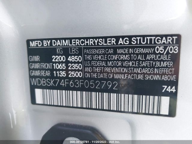 2003 MERCEDES-BENZ SL-CLASS WDBSK74F63F052792 Photo 8