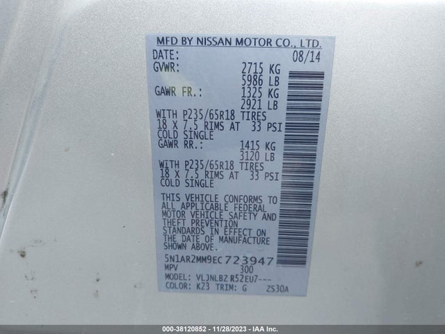 Nissan Pathfinder S 2014 5N1AR2MM9EC723947 Image 9